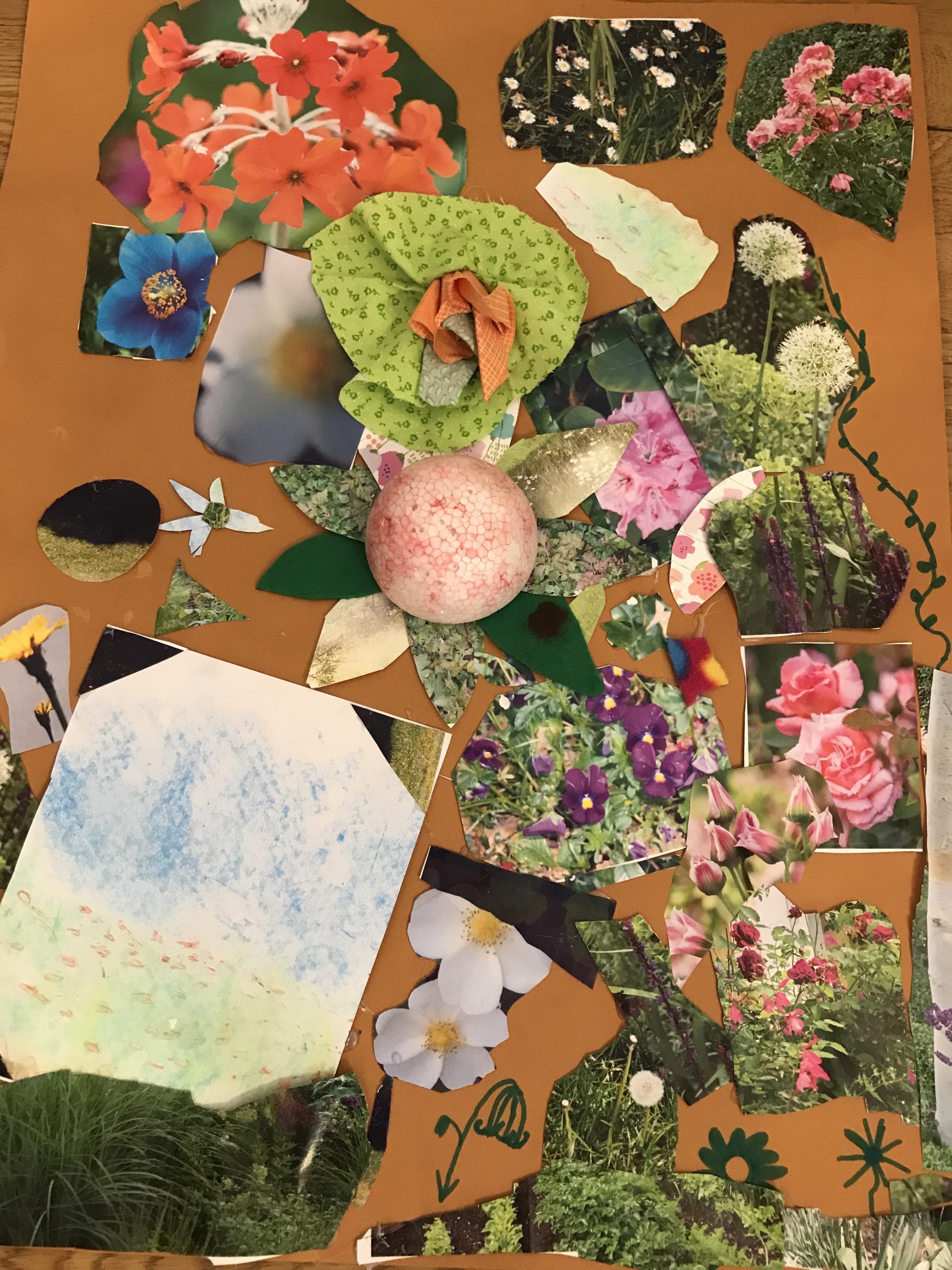 multi media collage including photos and hand drawn flowers