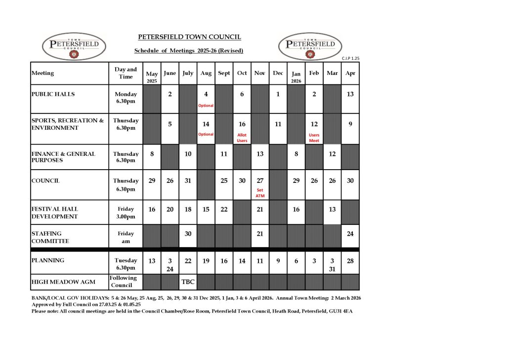 Schedule of committee meeting dates 2025-26